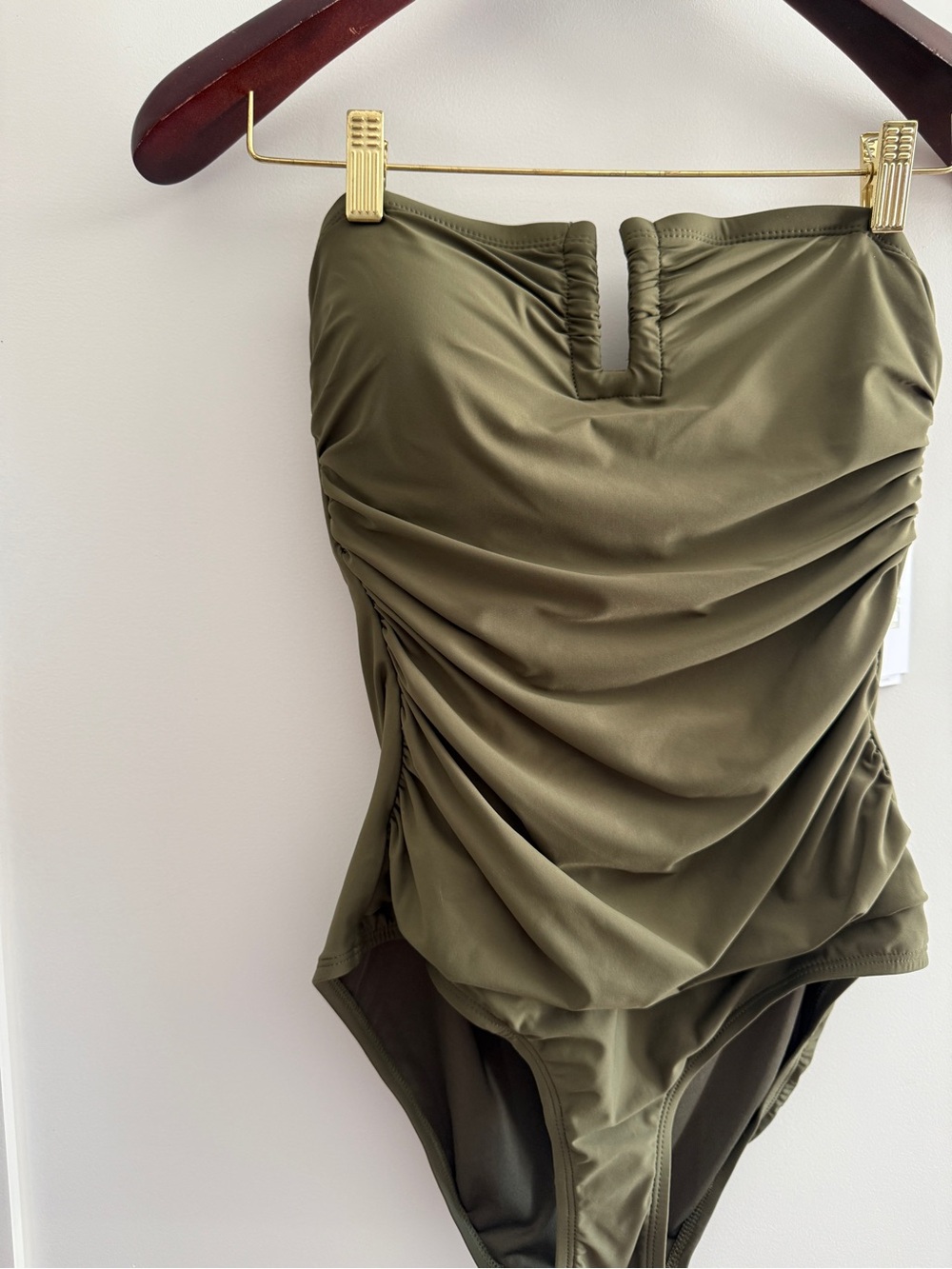 DKNY Olive Green Ruched One-Piece Swimsuit NWT Medium Strapless Tummy Control - Picture 3 of 9
